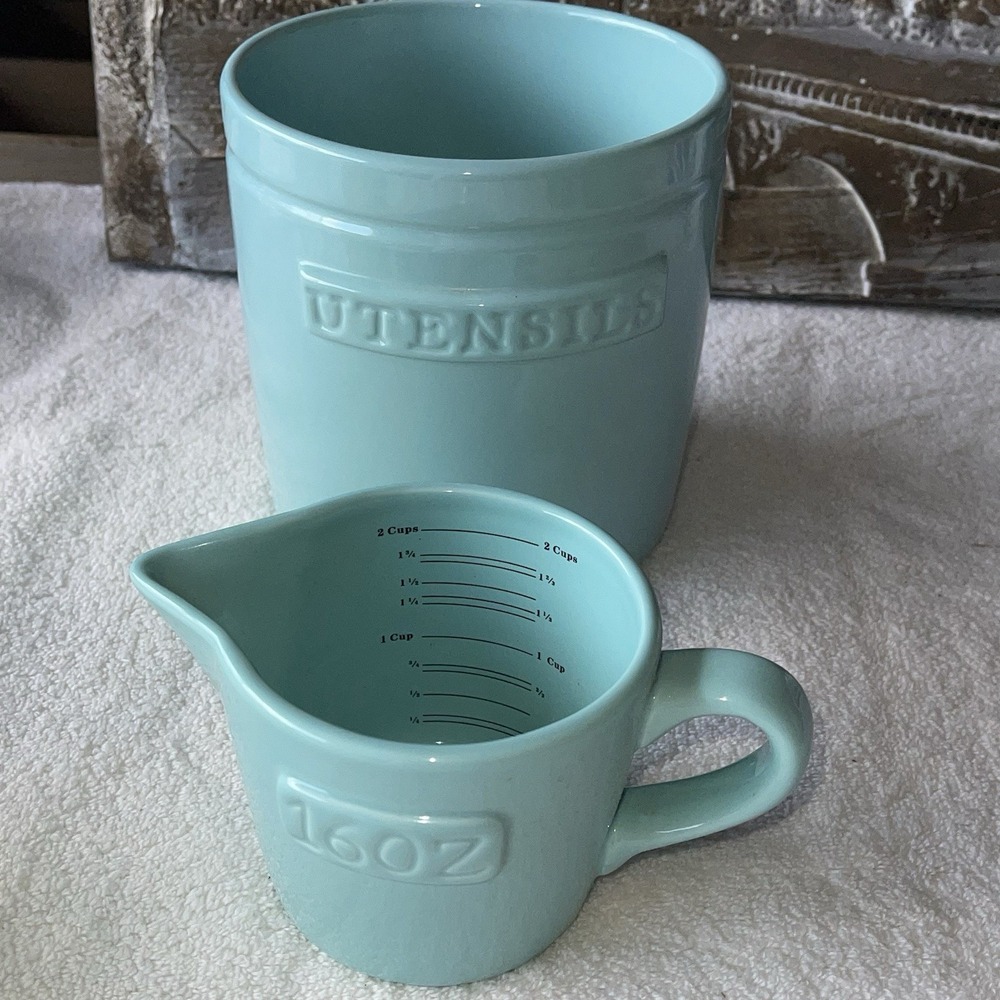 Aqua Blue Sky Home Essentials Kitchen Basics Utensil Jar Crock & Measuring Cup